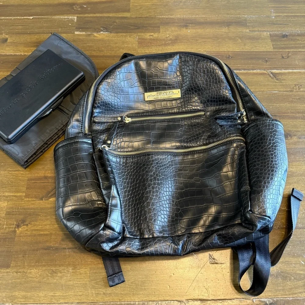Petunia Pickle Bottom Black Faux Croc Diaper Bag Backpack Pad Wipes Container